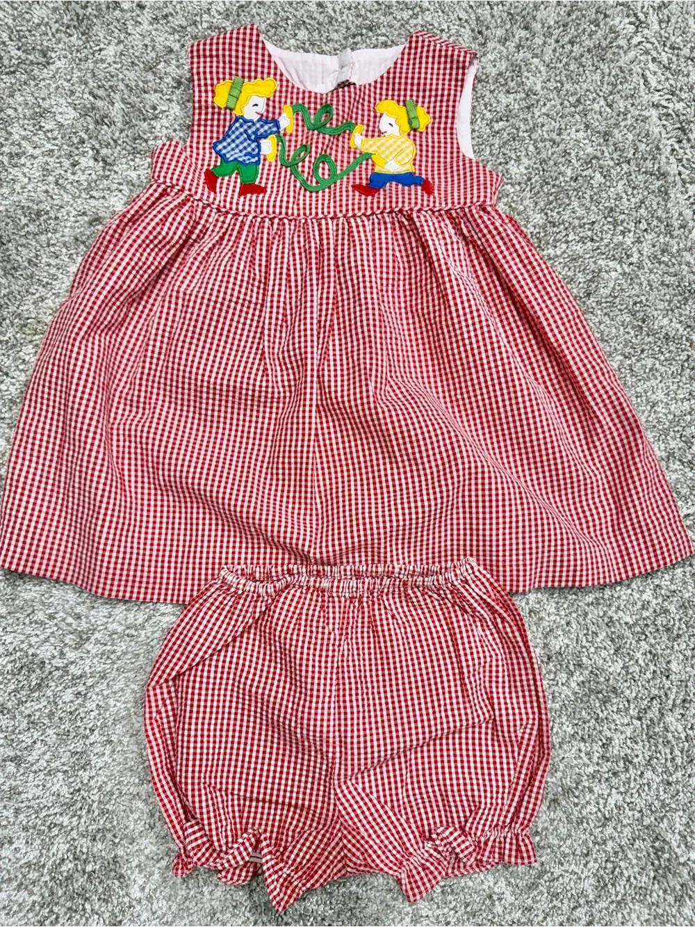 VINTAGE COPPER KEY Gingham Toddler Girl Embroidered Dress + Bloomers Set